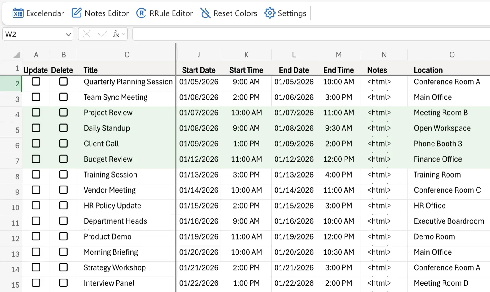 Excel Add-in interface showing calendar data in spreadsheet format