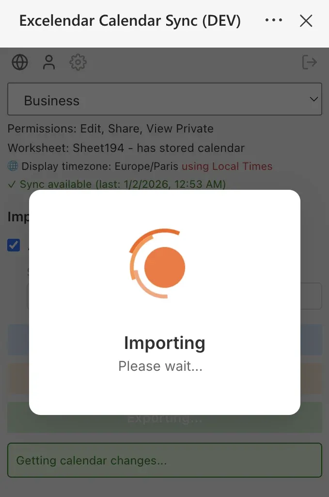 Import Changes dialog showing sync in progress