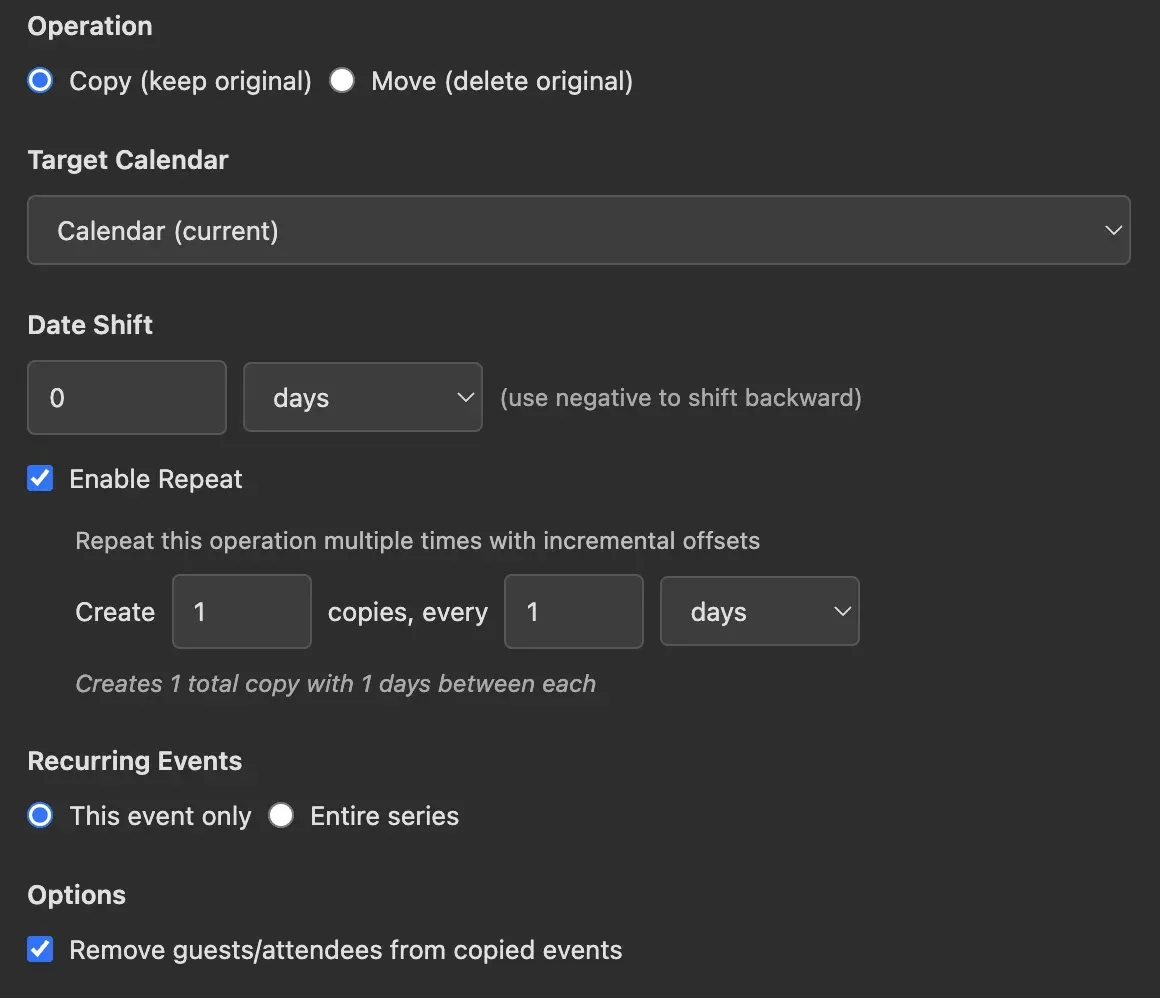 Copy and move events dialog with calendar selection