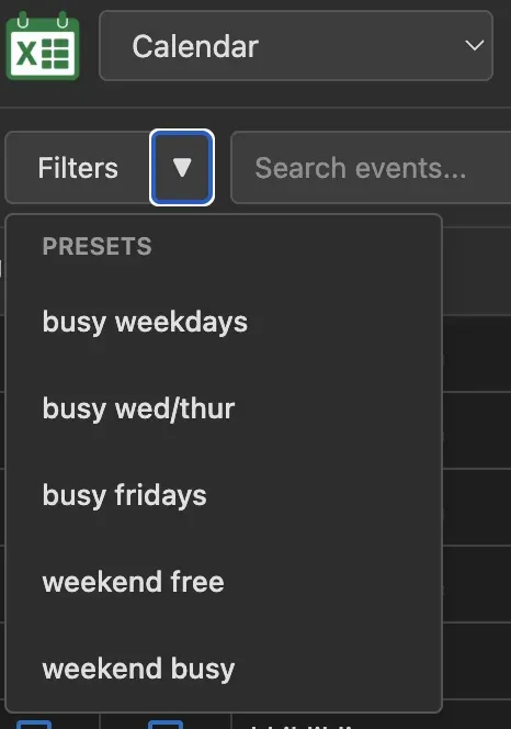 Filter presets menu with saved filter combinations