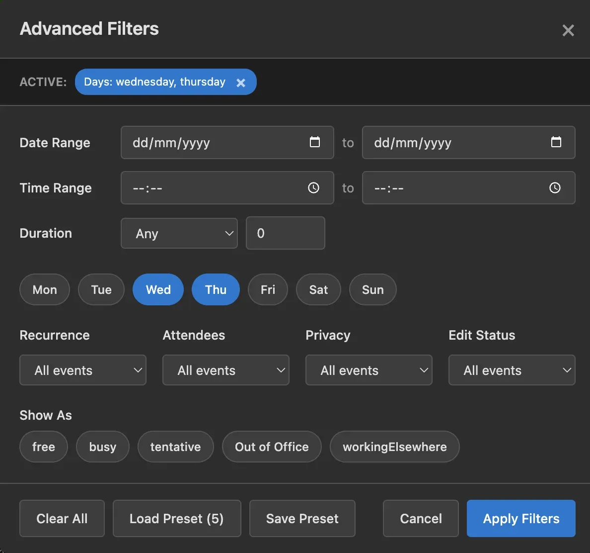 Advanced filters modal showing multiple filter options