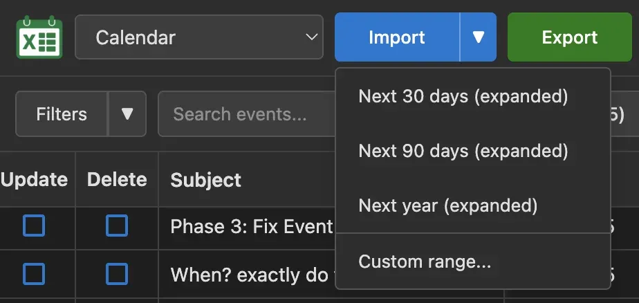 Import options dialog with date range and recent events selections