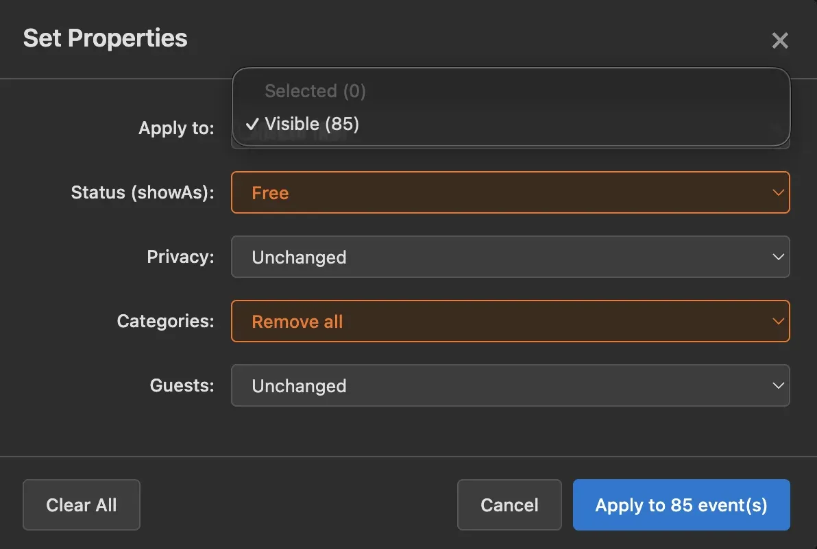 Set properties dialog for bulk event updates