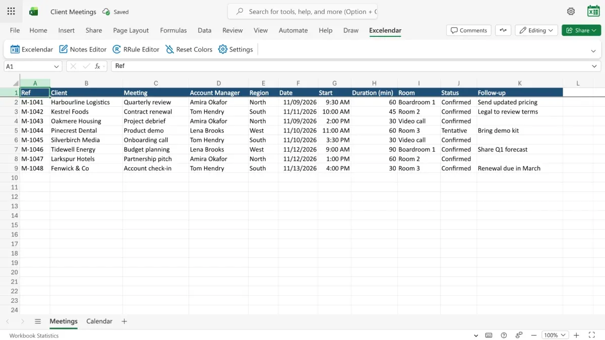 The team's Meetings sheet, eight meetings across eleven columns