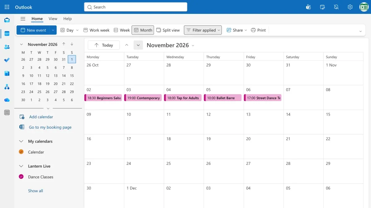 November 2026 in Outlook, a class on each day from Monday 2 to Friday 6 November