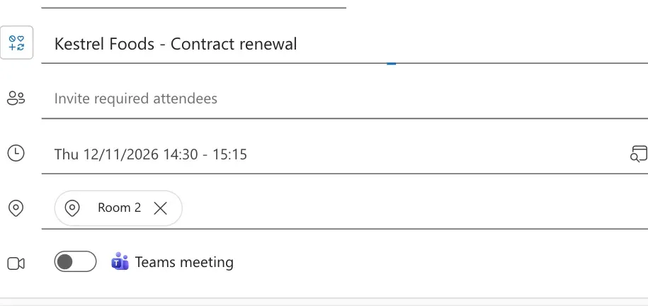 The Outlook event "Kestrel Foods - Contract renewal", Thursday 12 November, 14:30 to 15:15 in Room 2