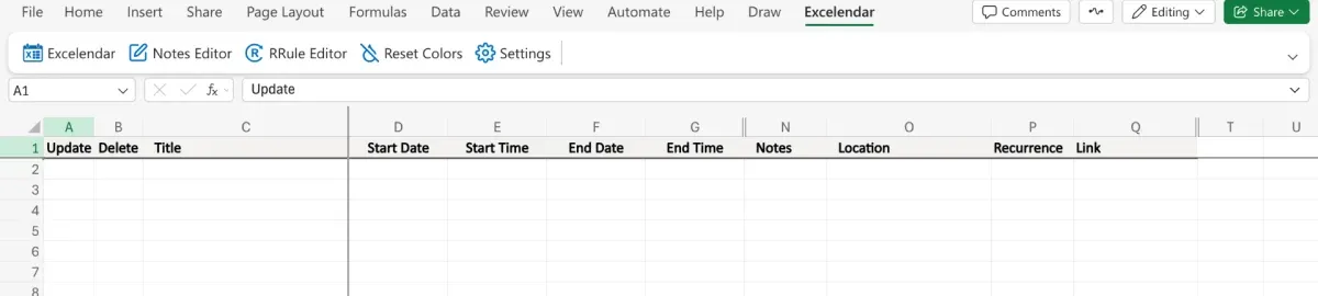 The header row on the new Calendar sheet