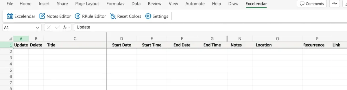 The header row on the empty sheet