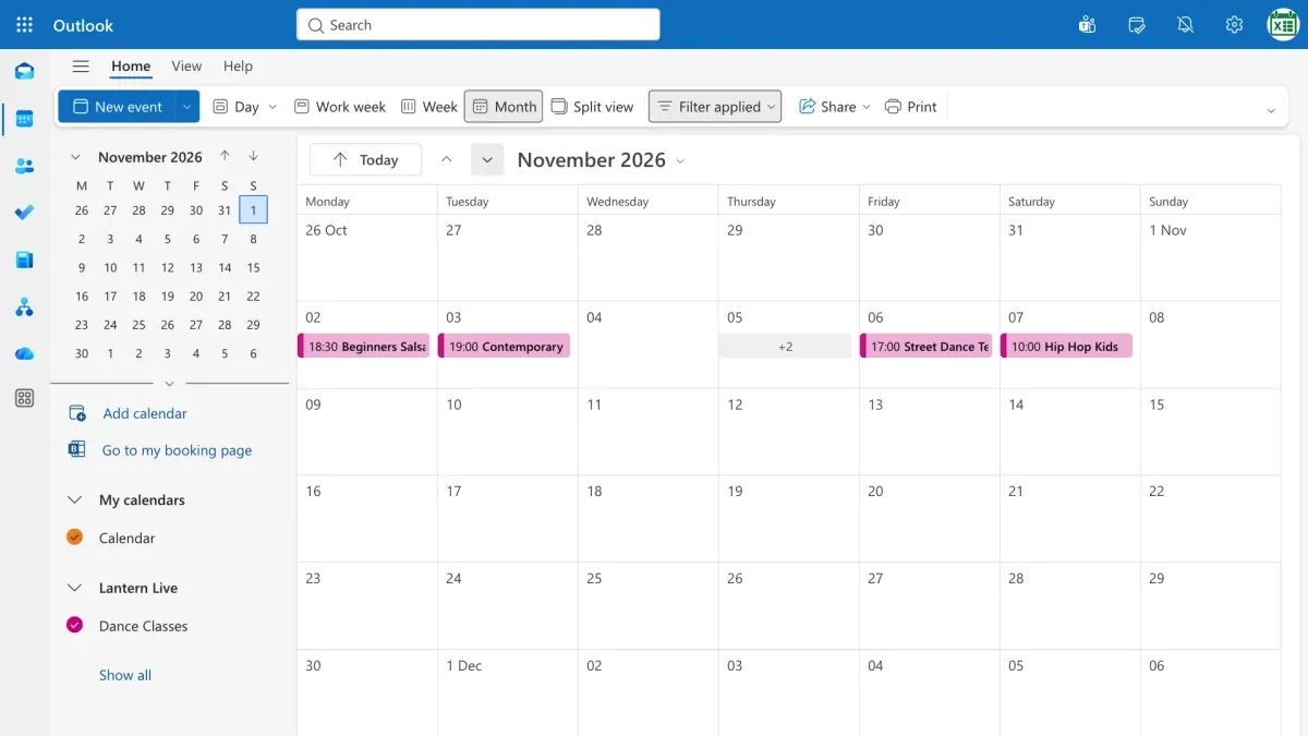 November 2026 in Outlook, with classes only in the week of 2 November