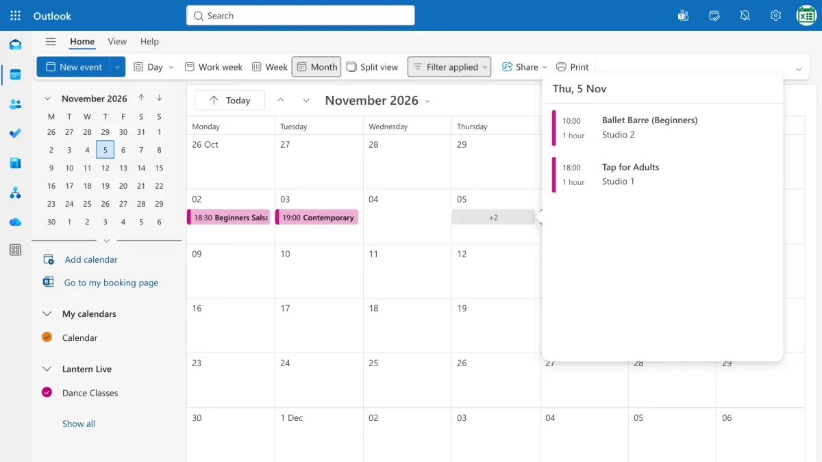 Thursday 5 November in Outlook: Ballet Barre (Beginners) at 10:00 and Tap for Adults at 18:00