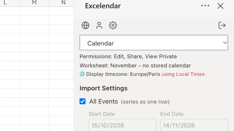 The Excelendar pane on a new sheet, with no calendar stored yet