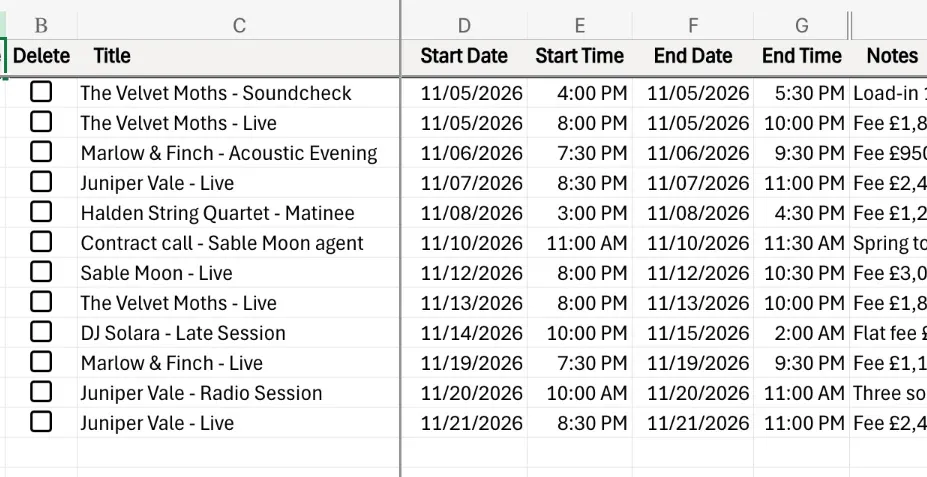 Title, Start Date, Start Time, End Date and End Time for each gig