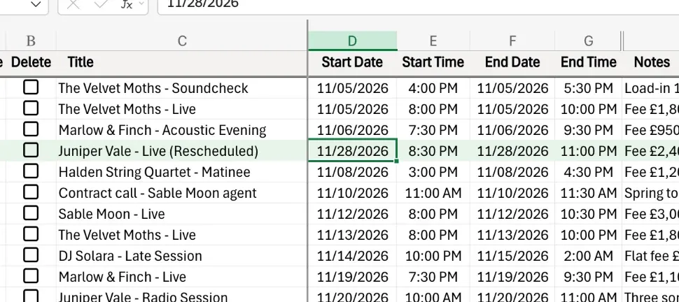 The row with its new dates and the title "Juniper Vale - Live (Rescheduled)"