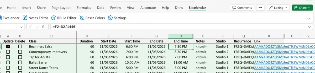 End Time with the formula =F2+D2/1440, giving 7:30 PM