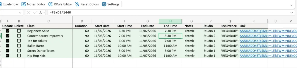 The formulas filled down, every row ticked for Update