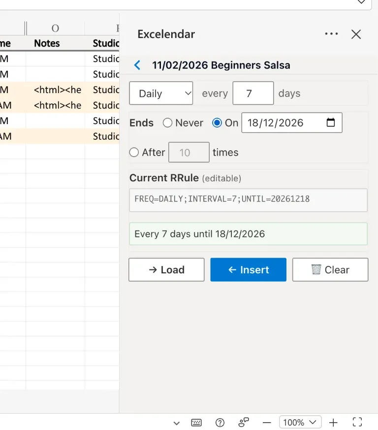 The RRule Editor: Daily, every 7 days, ending on 18/12/2026