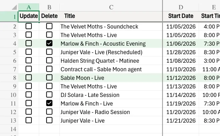 The Delete column, ticked on the two rows