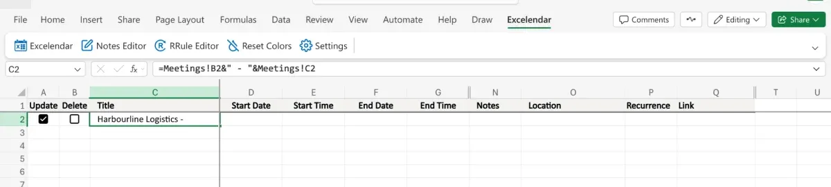 The Title formula =Meetings!B2&" - "&Meetings!C2 in the formula bar