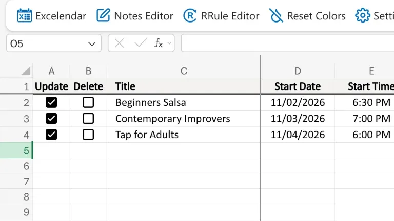 Three classes typed in, each ticked for Update