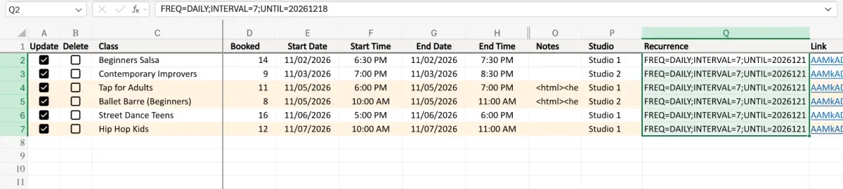 The rule on every row, each ticked for Update