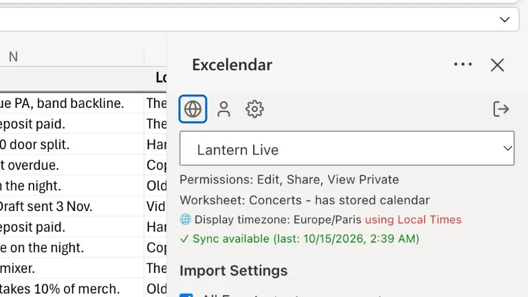 The Excelendar pane open, with Lantern Live chosen as the calendar
