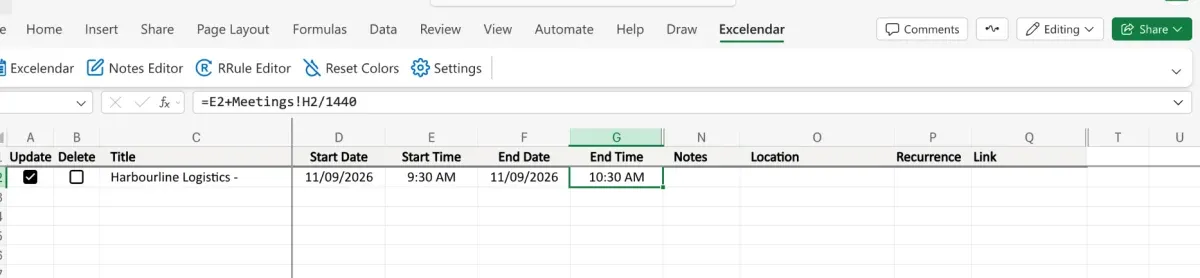 The dates and times, 9:30 to 10:30 AM, with the End Time formula