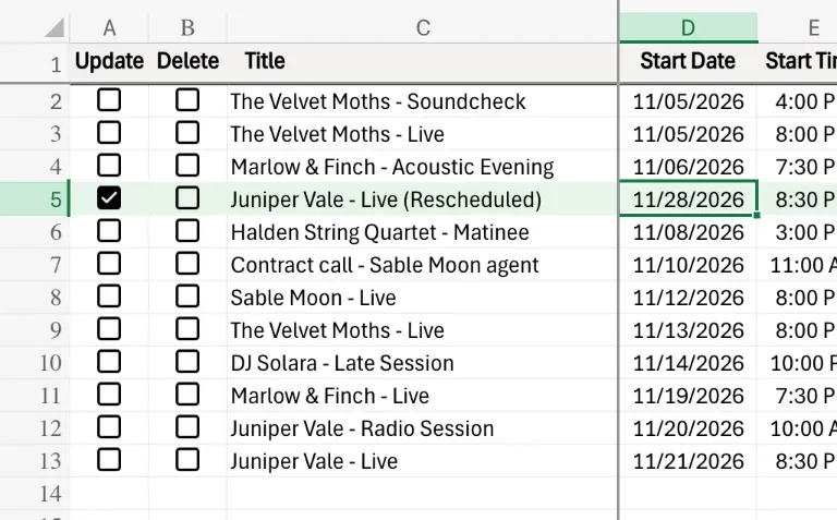 The Update column, ticked on the edited row only