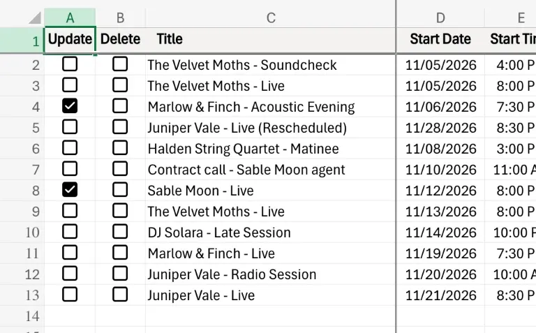 The Update column, ticked on the two changed rows only
