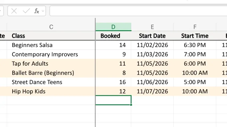 The Booked column, unchanged, with a count added for Hip Hop Kids