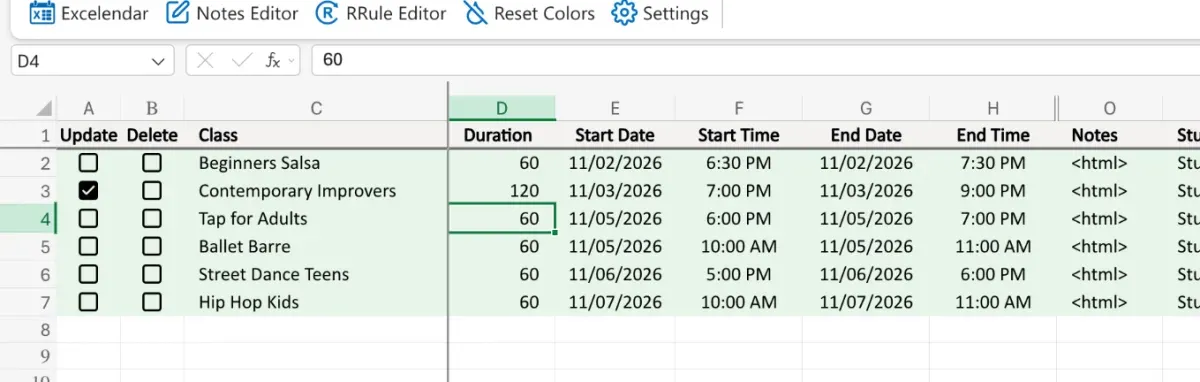 Duration 120, End Time 9:00 PM, and Update ticked on that row only