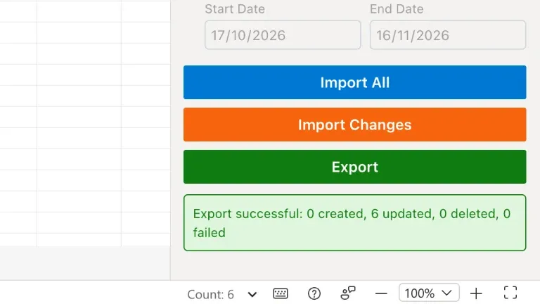 The status "Export successful: 0 created, 6 updated, 0 deleted, 0 failed"