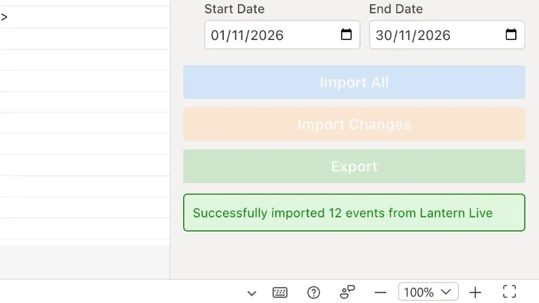 The status "Successfully imported 12 events from Lantern Live"