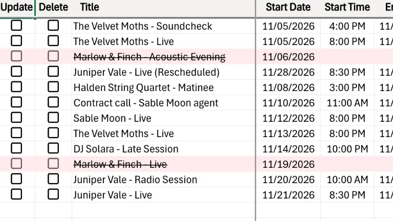 The two cancelled rows, their titles struck through beside their dates