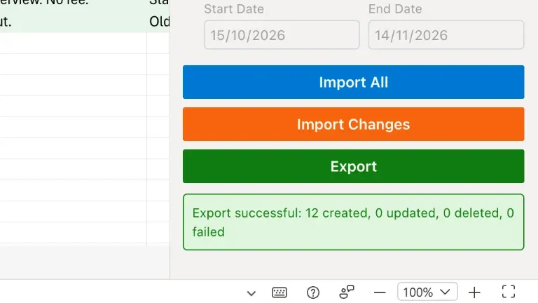 The status "Export successful" with its summary