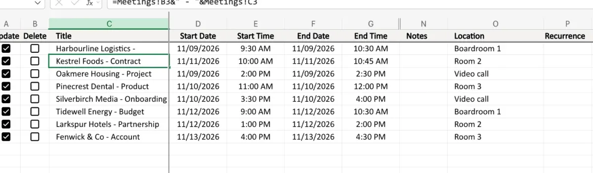Eight meetings filled in, each ticked for Update