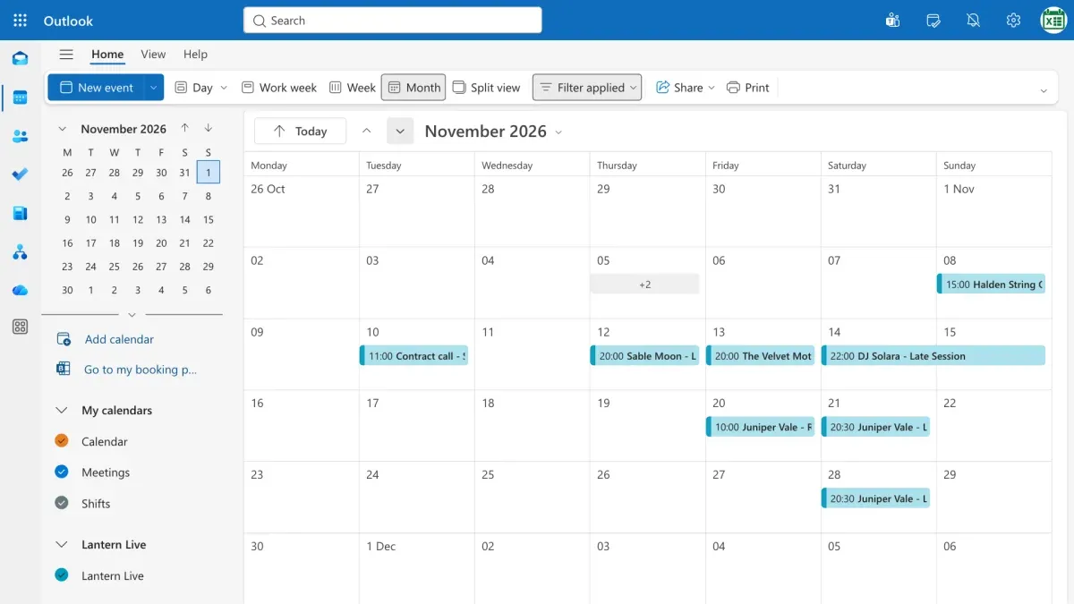 November 2026 in Outlook, with no Marlow & Finch on Friday 6 or Thursday 19 November