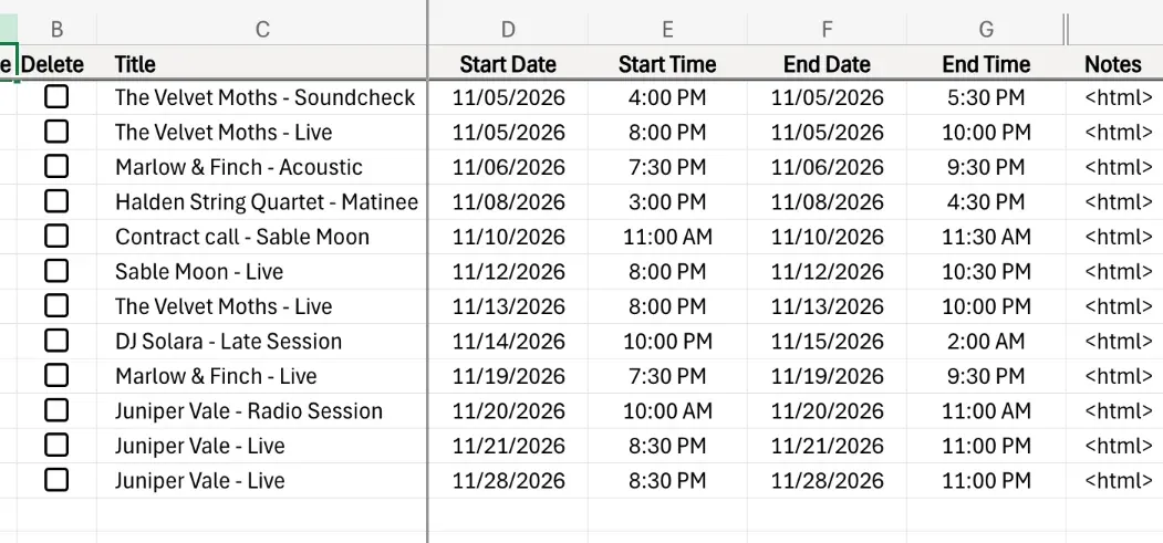 The new sheet with its headers and twelve rows, one per event