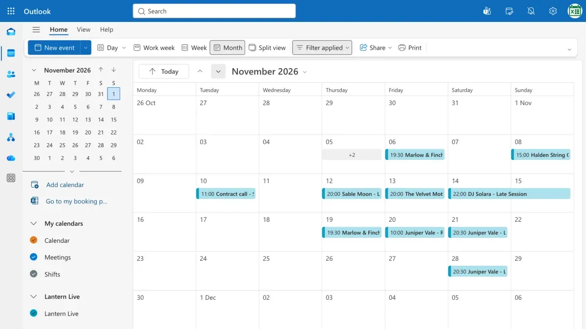 November 2026 in Outlook, with Juniper Vale on Saturday 28 November
