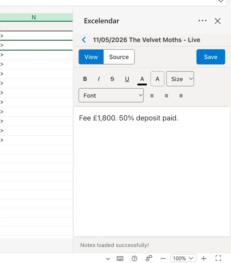 The Notes Editor showing "Fee £1,800. 50% deposit paid." for The Velvet Moths - Live