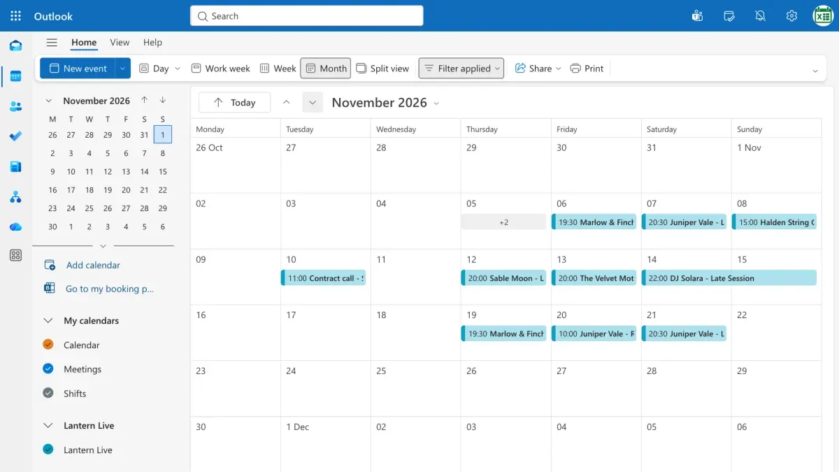 November 2026 in Outlook, with all twelve gigs on the Lantern Live calendar