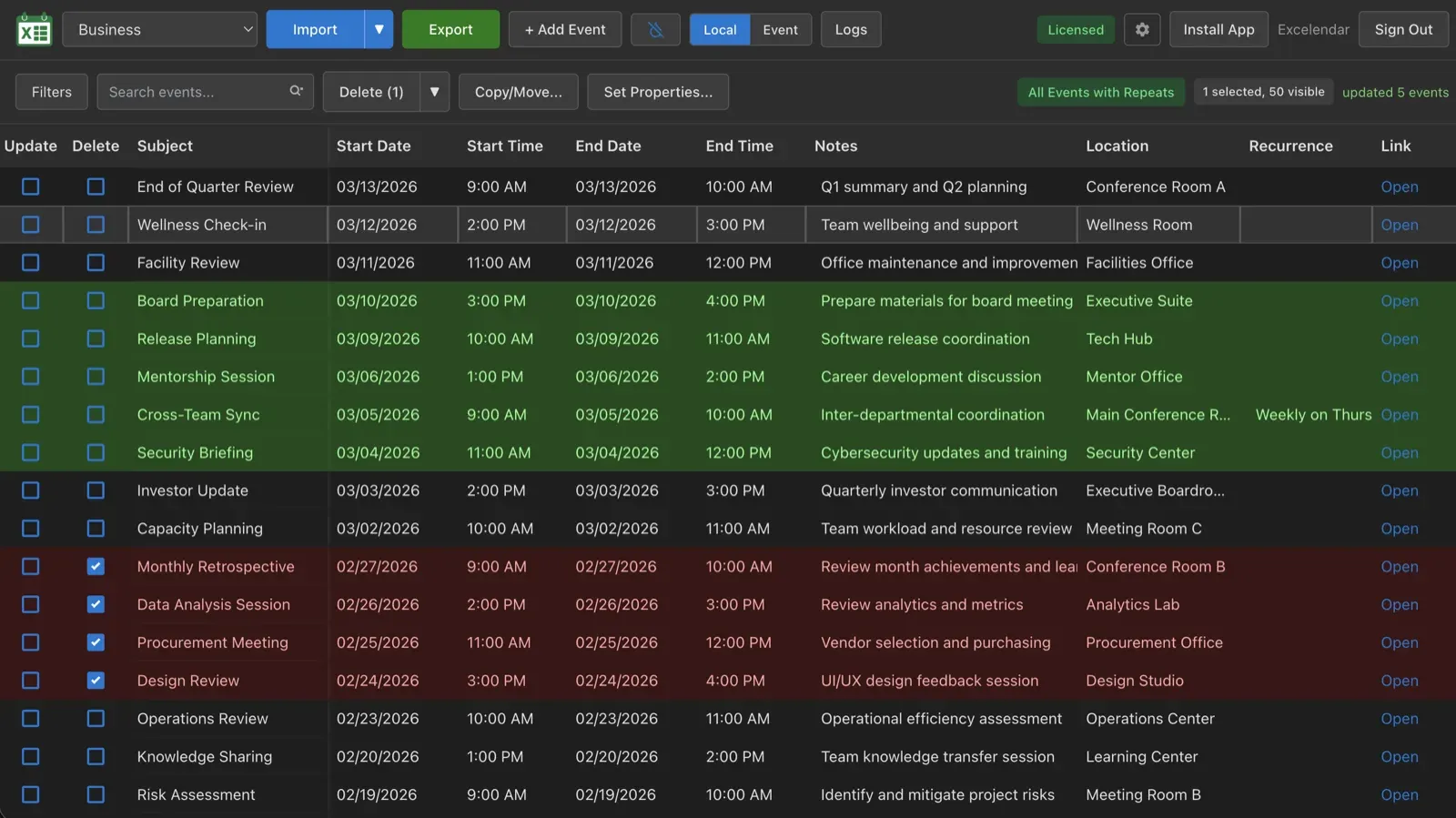 Web App full calendar view showing spreadsheet-like interface