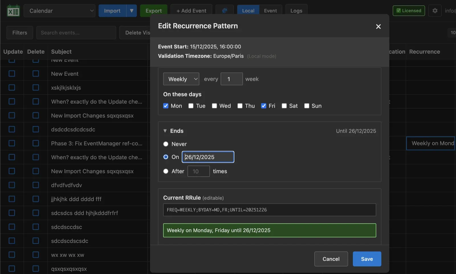 Recurrence pattern editor interface