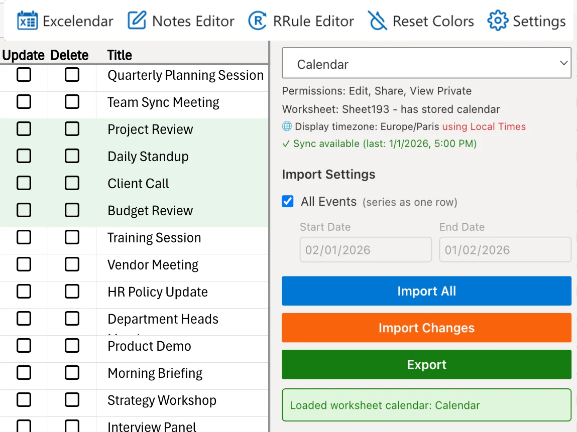 Excelendar Excel Add-in - Sync calendar events between Excel and Outlook
